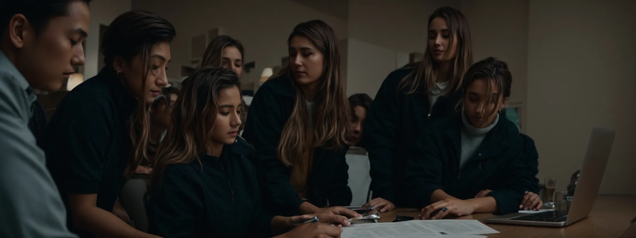 a group of professionals gathered around a computer submitting an online application form.