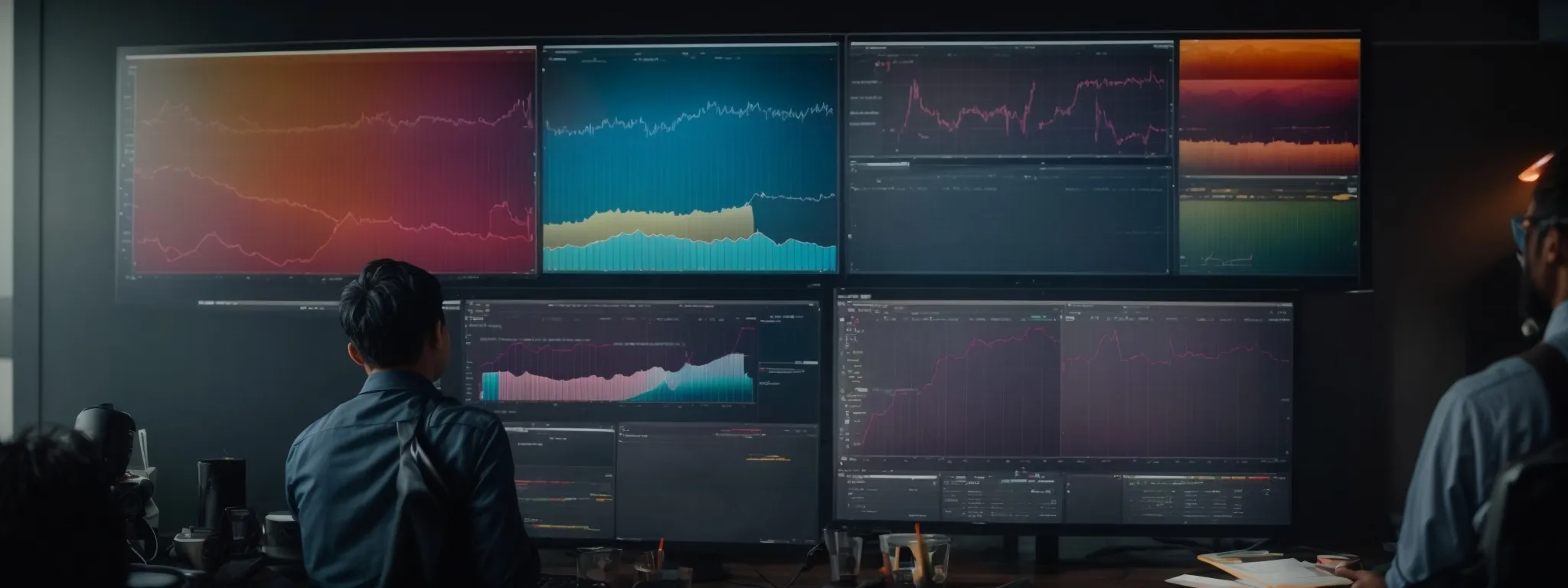 a marketer analyzes data on a large computer screen displaying colorful graphs of audience engagement and campaign performance.