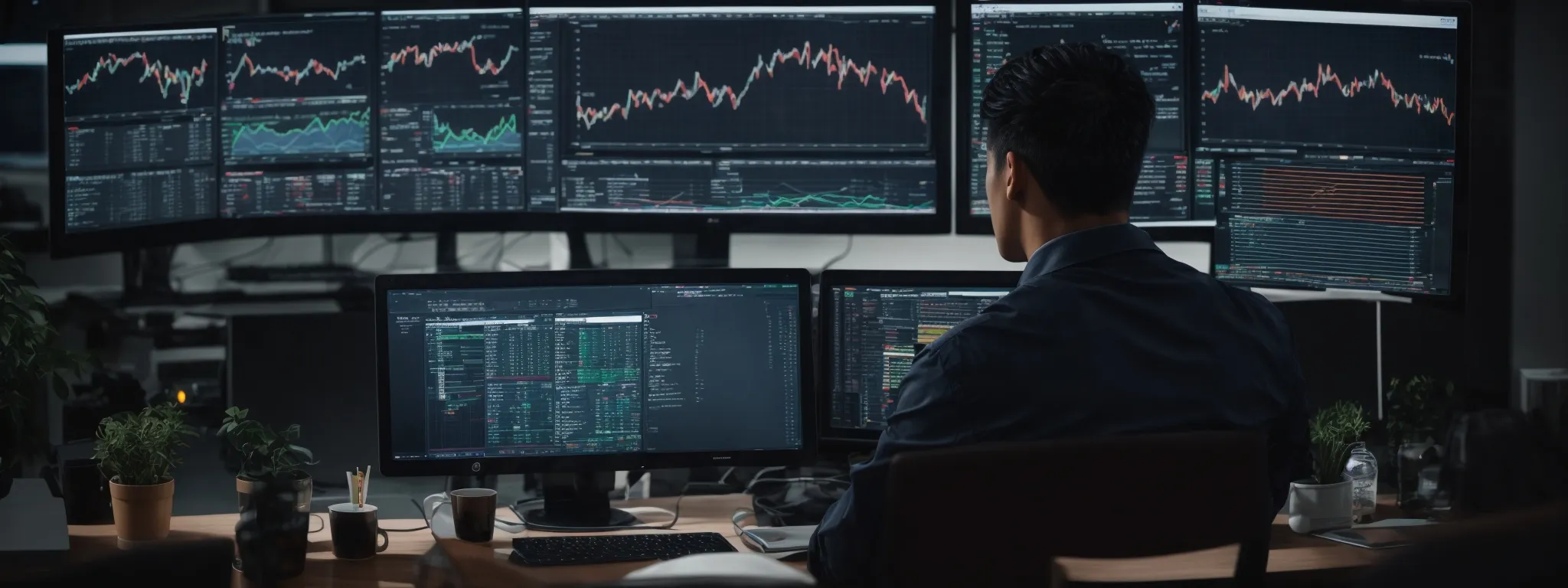a person seated at a modern workspace with multiple screens displaying analytics and graphs, symbolizing seo strategy analysis.