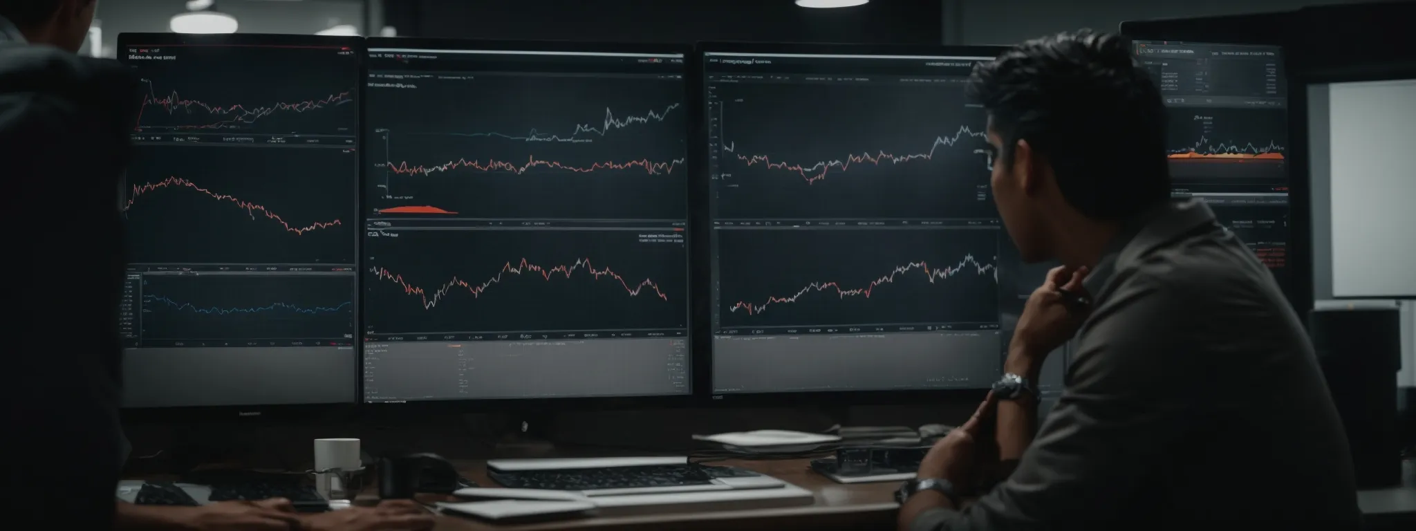 two digital marketing experts analyzing a graph on a large monitor displaying website performance metrics.