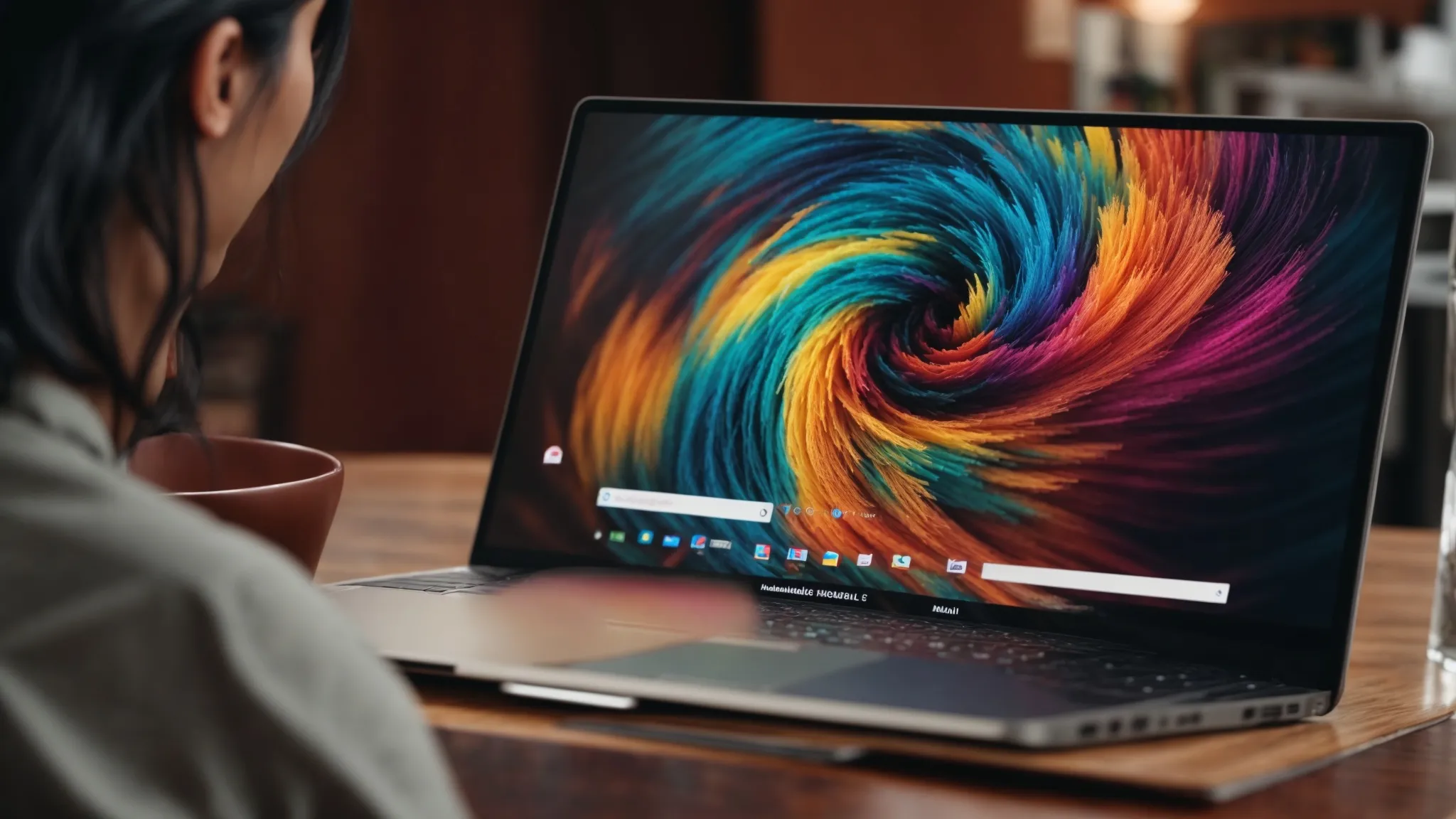 a marketing professional clicks on a vibrant online ad on a sleek modern laptop screen.