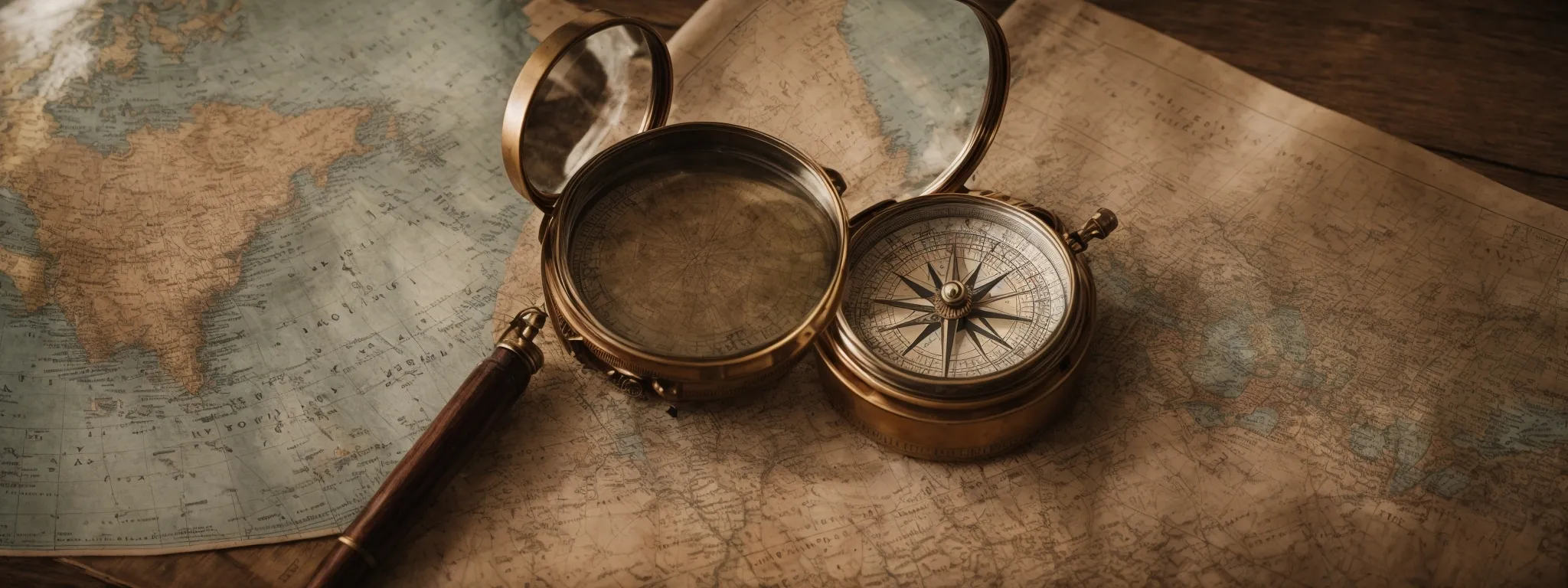 a weathered, antique compass lies beside a stack of old maps and charts on a worn wooden desk, evoking the concept of navigation through the history of seo forecasting.