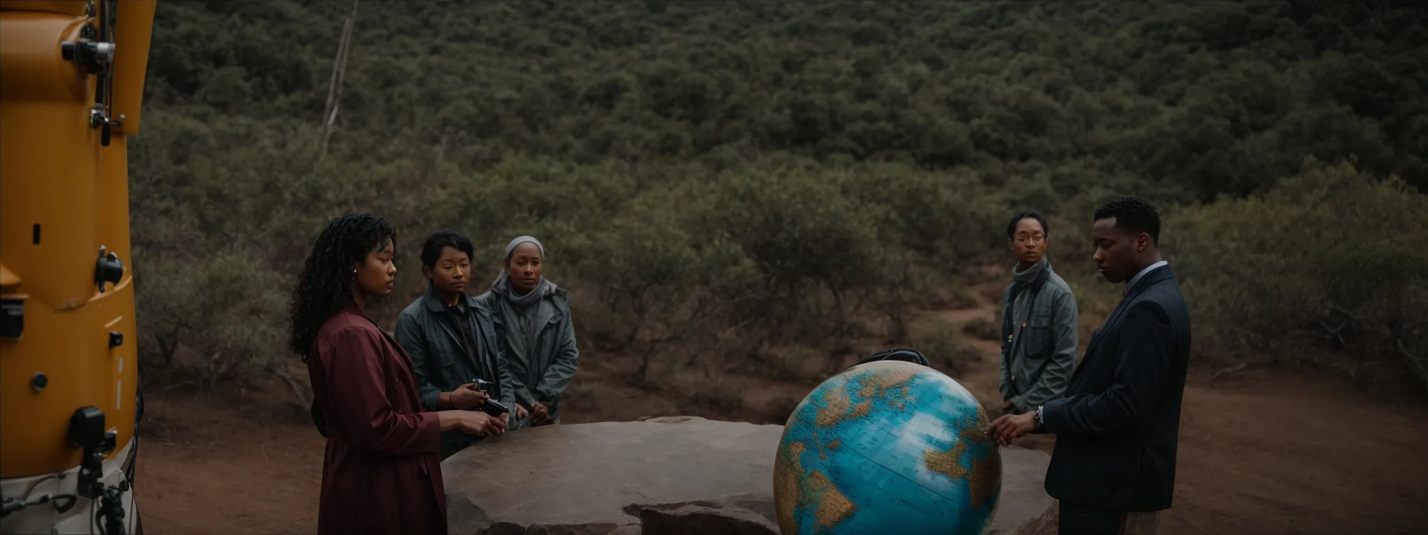 a diverse group of professionals gathers around a globe, contemplating a map spread out before them.