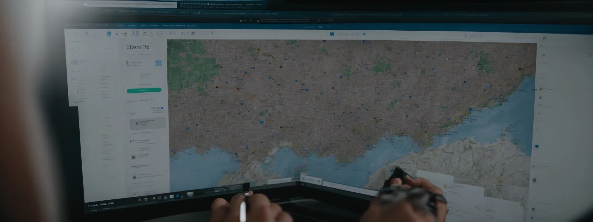 an seo expert analyzes data on a computer screen showing a map with various local business listings.