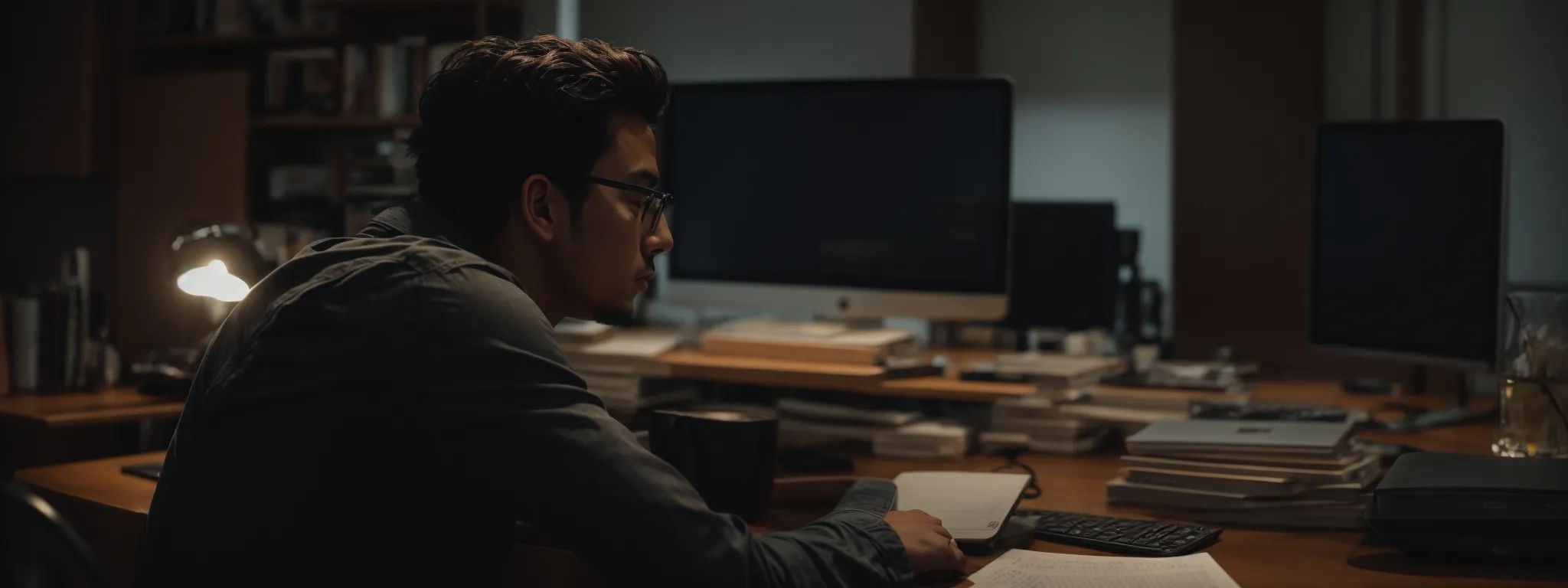 a person working tranquil at a modern desk with a computer, surrounded by books on digital marketing and seo, looking focused and thoughtful.