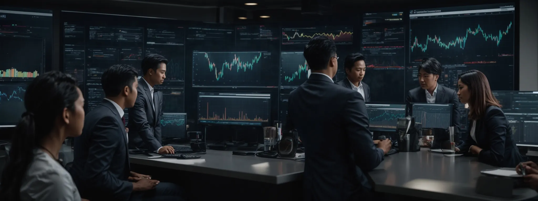 a diverse group of professionals collaborates around a high-tech digital dashboard displaying data graphs and customer engagement metrics.