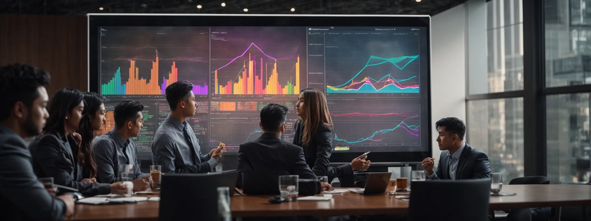 a group of professionals brainstorming over a large digital tablet displaying colorful graphs and infographics.