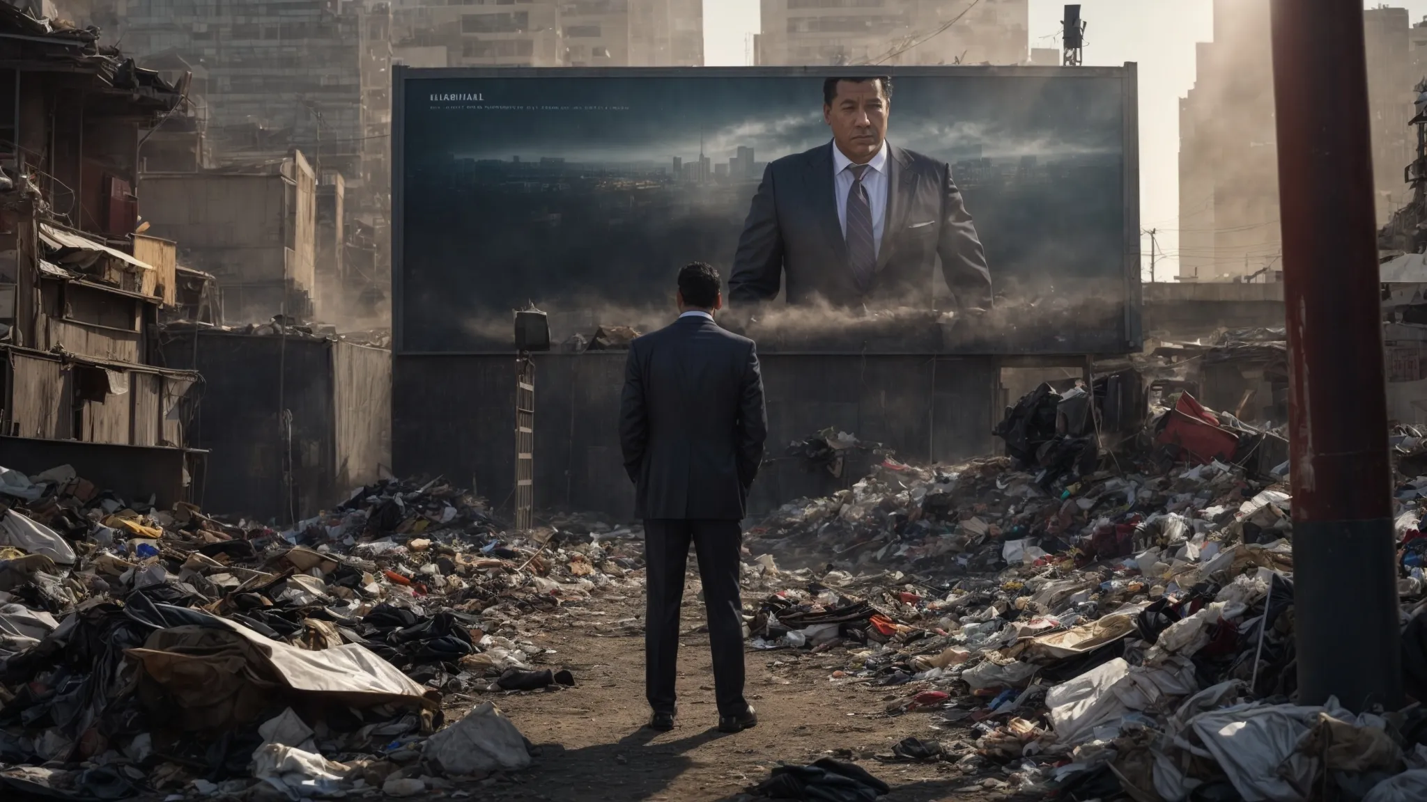 a businessman stands at the base of a large, cluttered billboard, symbolizing the overwhelming presence of dominating serp features.