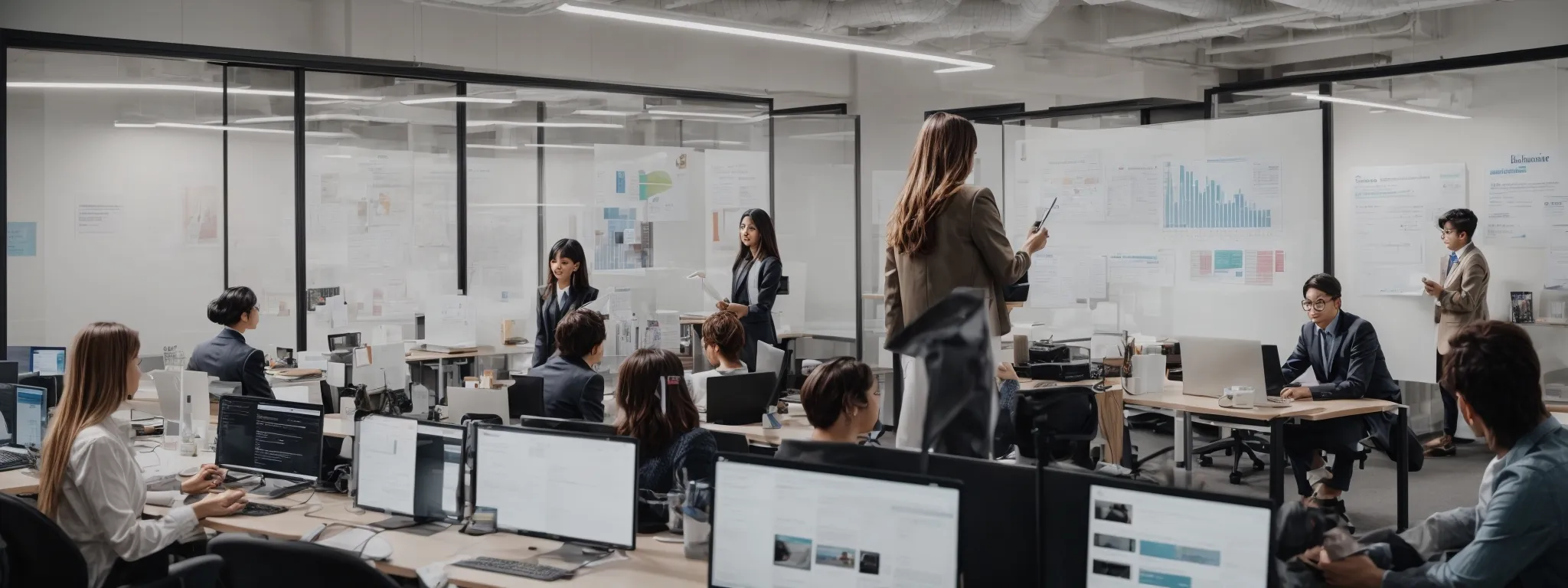 a bustling digital marketing office, with a team analyzing data and strategizing on a whiteboard, represents LinkGraph's coordinated effort in sophisticated backlinking campaigns.