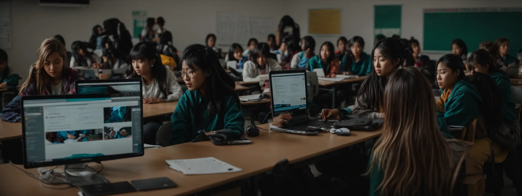 a group of students engaged in a classroom with laptops displaying digital analytics and social media platforms.
