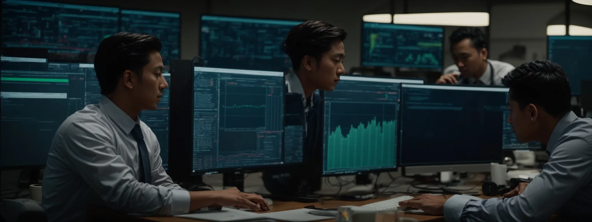 a team of professionals gathers around a computer, analyzing interactive dashboards that reflect customer feedback and insights.