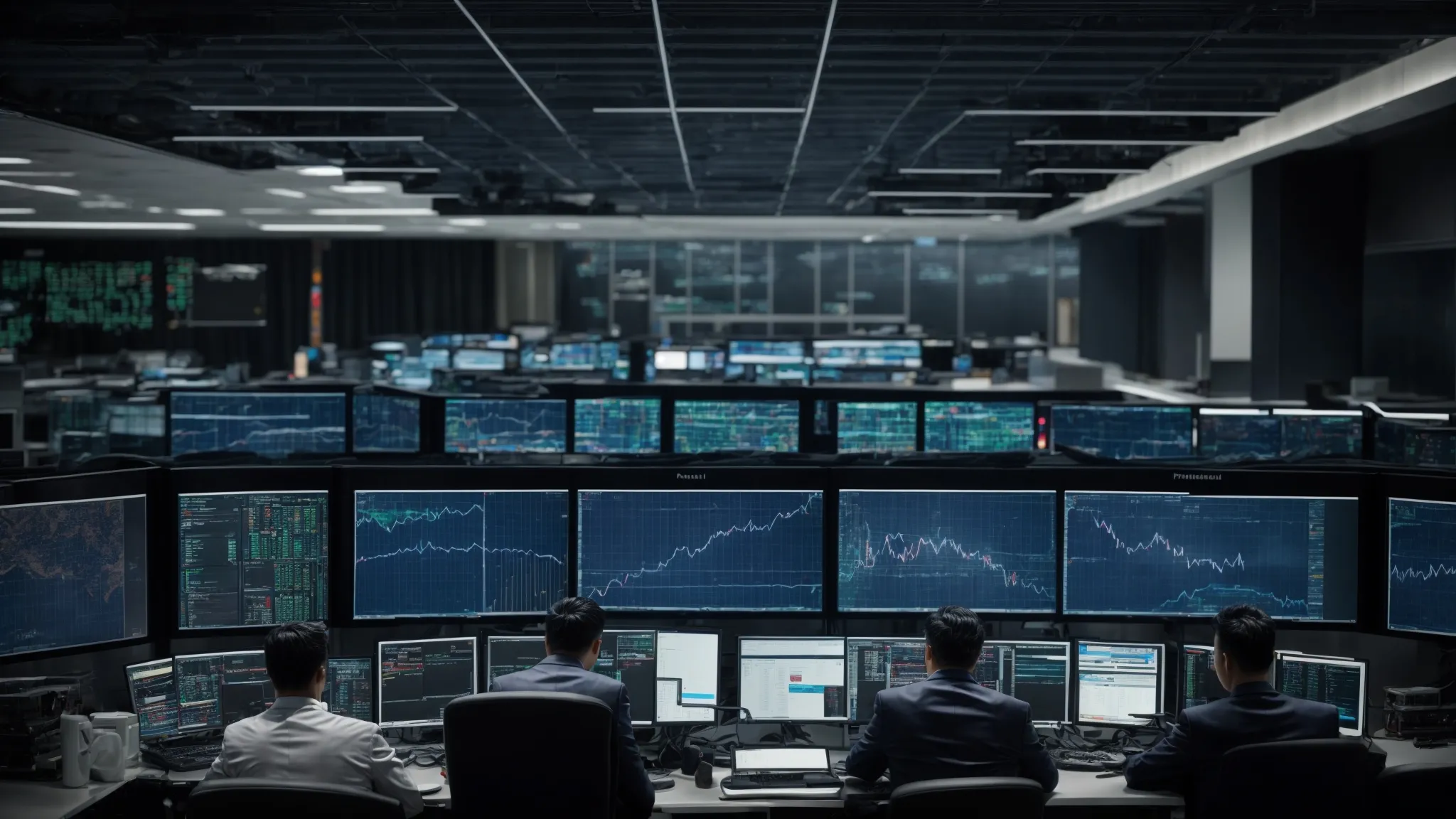 a network operations center with rows of computer screens displaying graphs and data analytics related to telecommunications traffic.