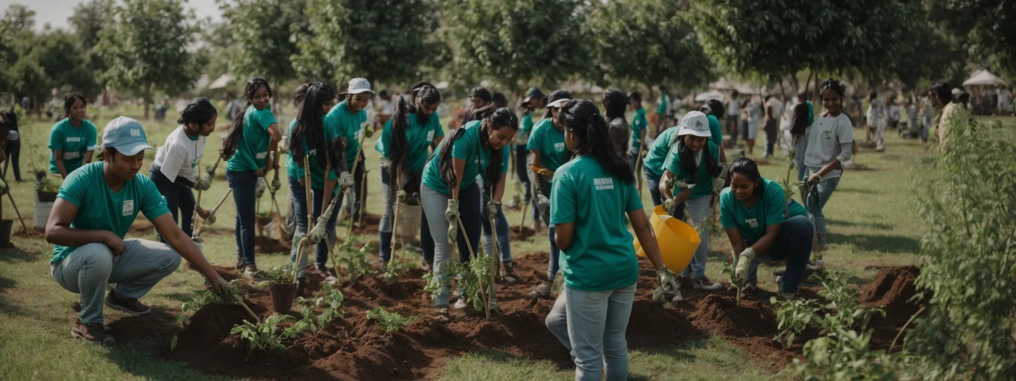 a group of enthusiastic volunteers plants trees in a community park as part of a green initiative supported by a tech company.