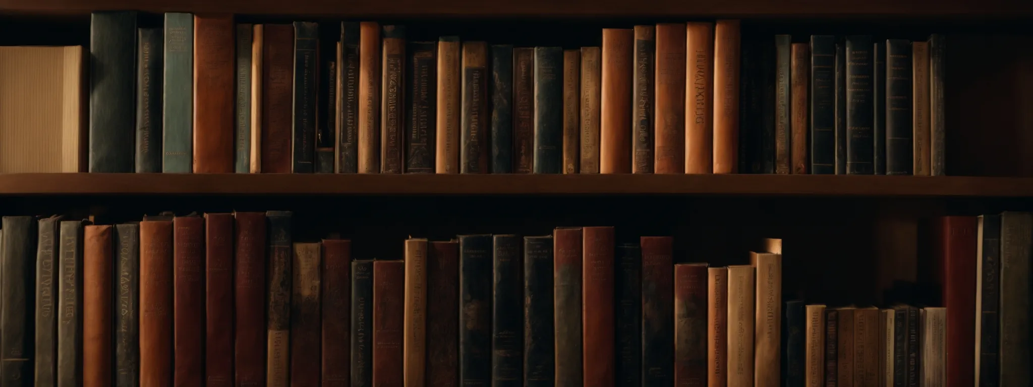 a bookshelf crammed with diverse books, some with bookmarks protruding, stands quietly in a warmly lit study corner.