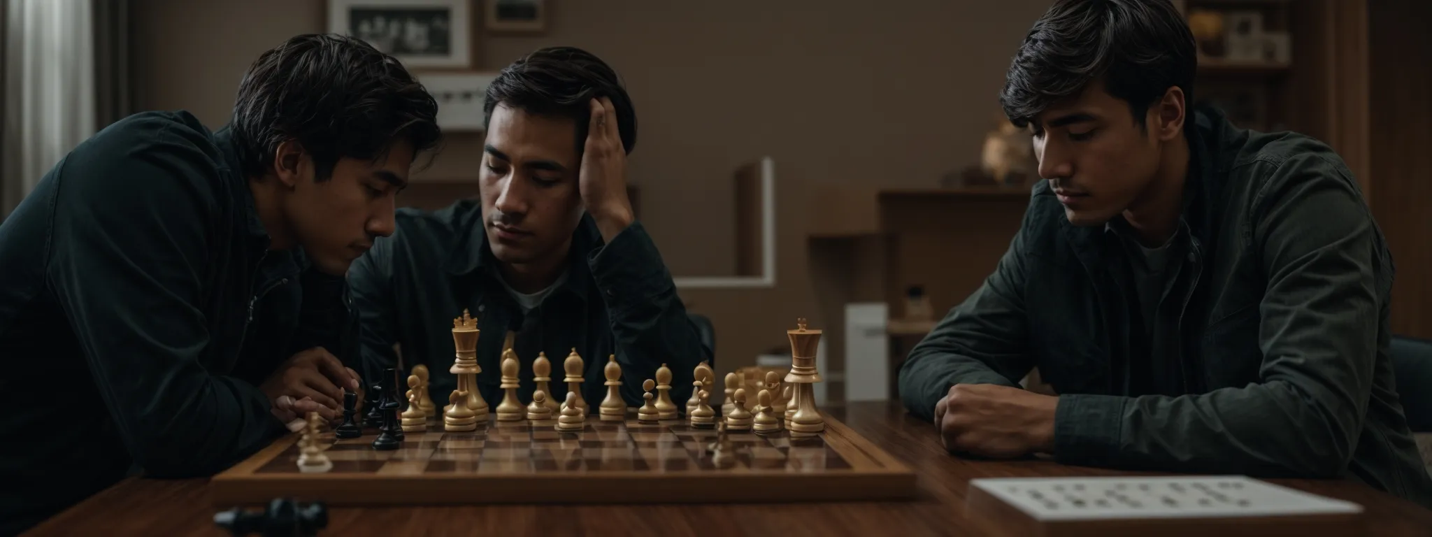 two professional chess players sit across from each other, contemplating their next strategic move on a chessboard.