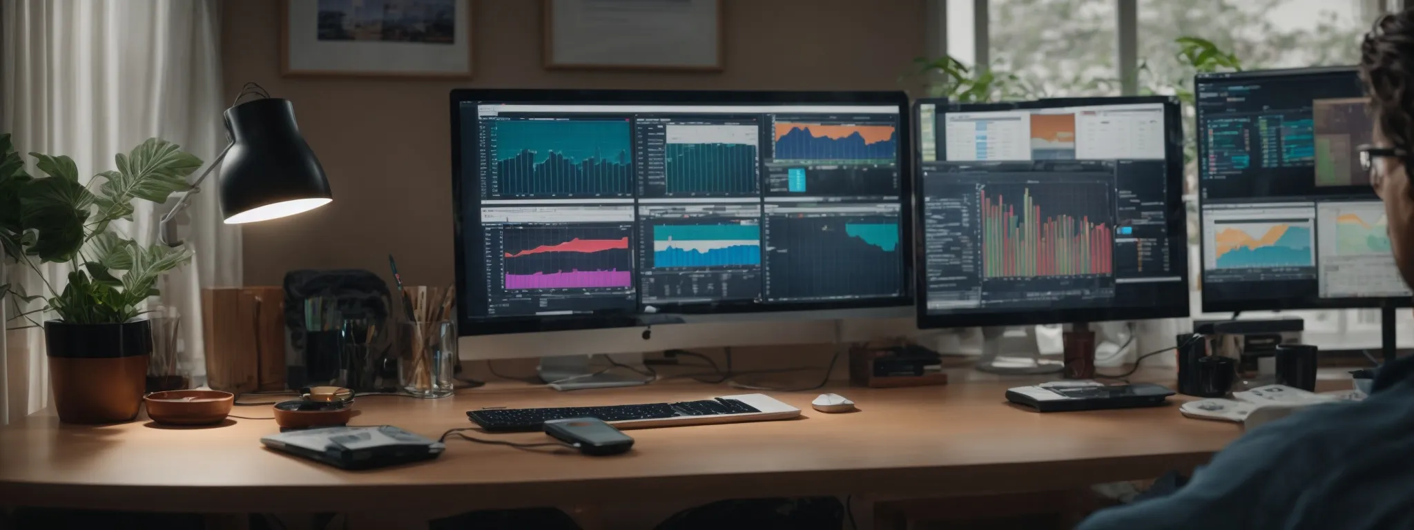 a person sits at a home office desk, fully engaged with multiple screens displaying colorful marketing analytics, signifying a dynamic remote working environment.