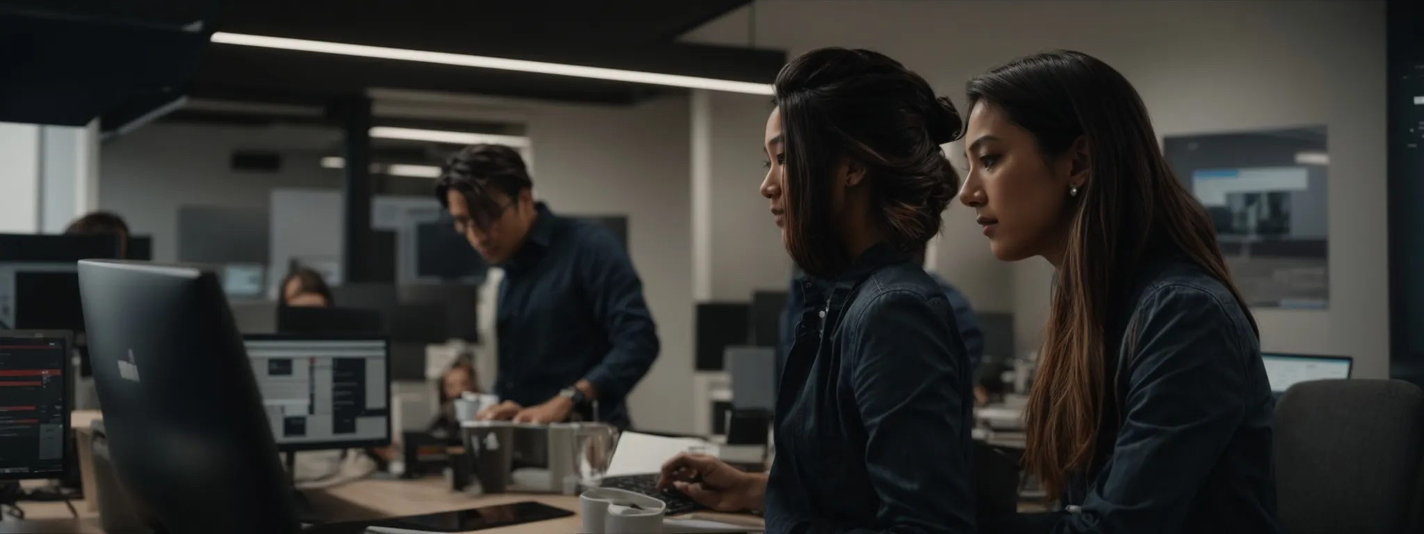two professionals, an seo strategist and a web developer, engage in a focused discussion over a website's layout displayed on a computer screen in a modern office.