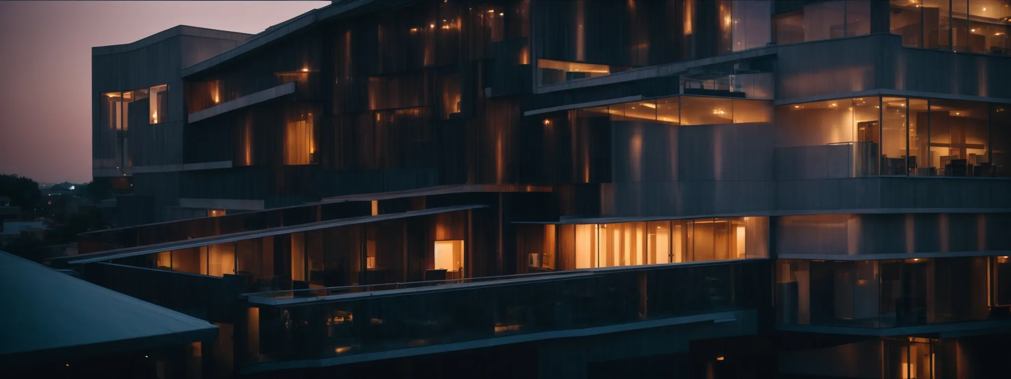 a panoramic view of a modern hotel facade at twilight with its lights casting a warm glow against the darkening sky.