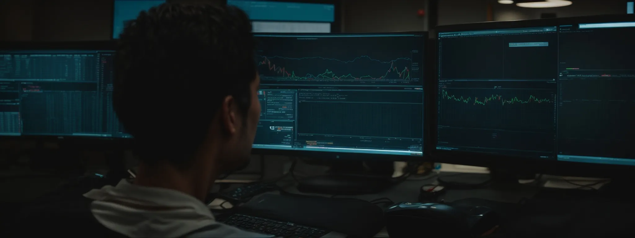 a person sits at a computer, deeply engrossed in analyzing data and trends on a digital marketing dashboard.