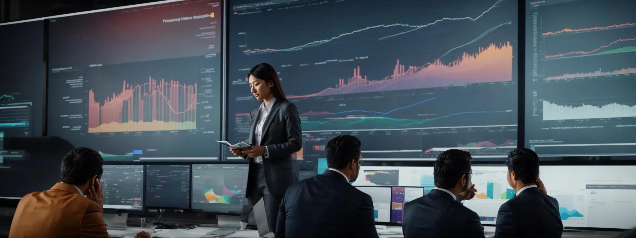 a group of marketing professionals analyzes data on a large screen displaying a colorful graph of search engine rankings and trends.