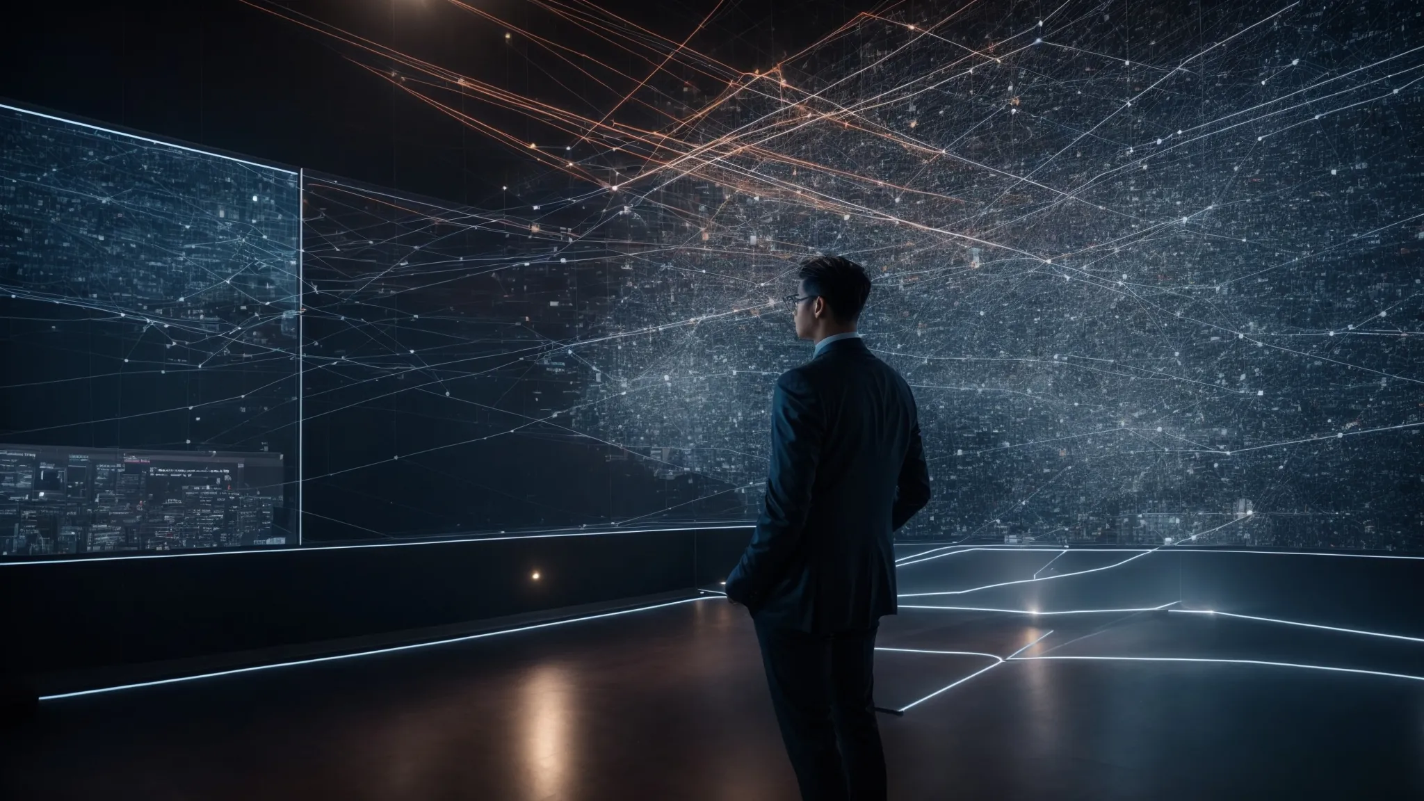 a digital marketing professional analyzing a large screen with interconnected nodes and lines representing website links and seo metrics.