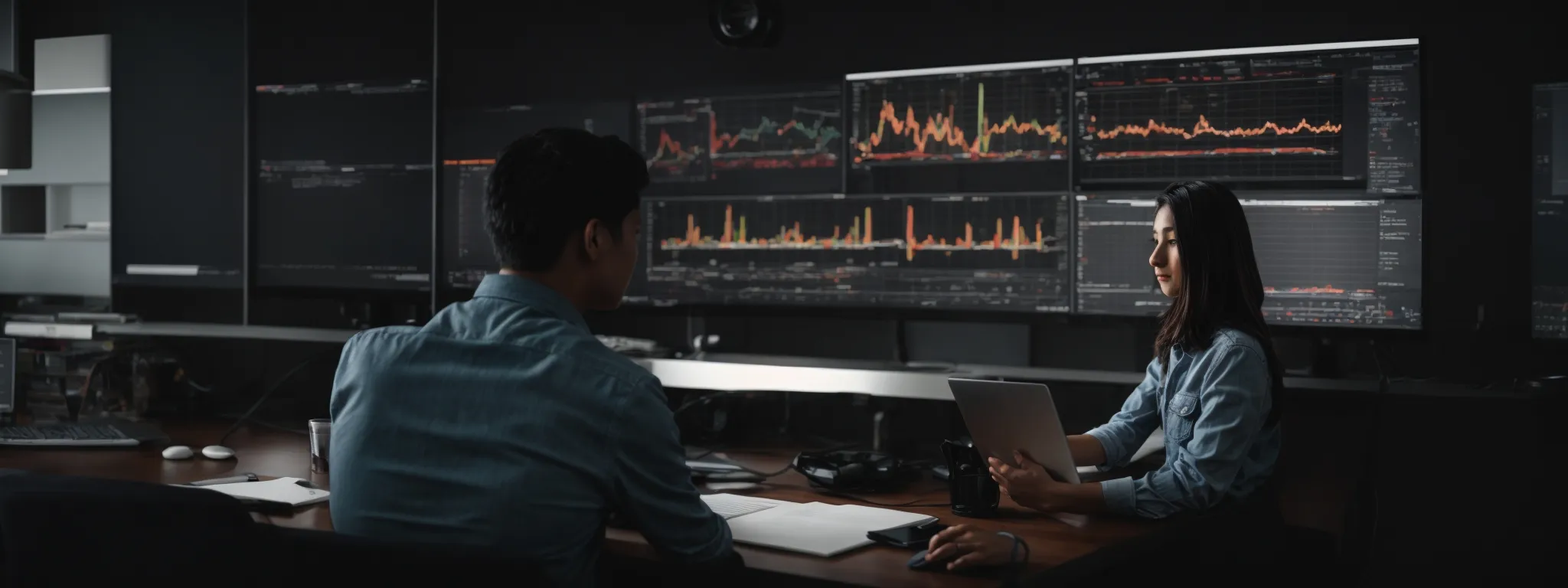 a professional marketer sits before a large computer screen, analyzing graphs and performance metrics while crafting an email campaign.