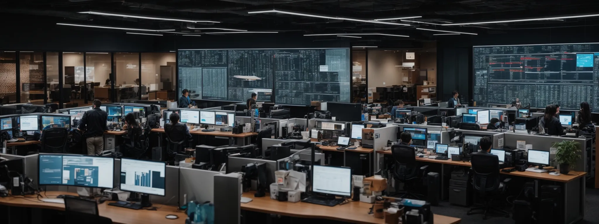 a bustling digital marketing office with screens displaying social media analytics and trending hashtag lists.