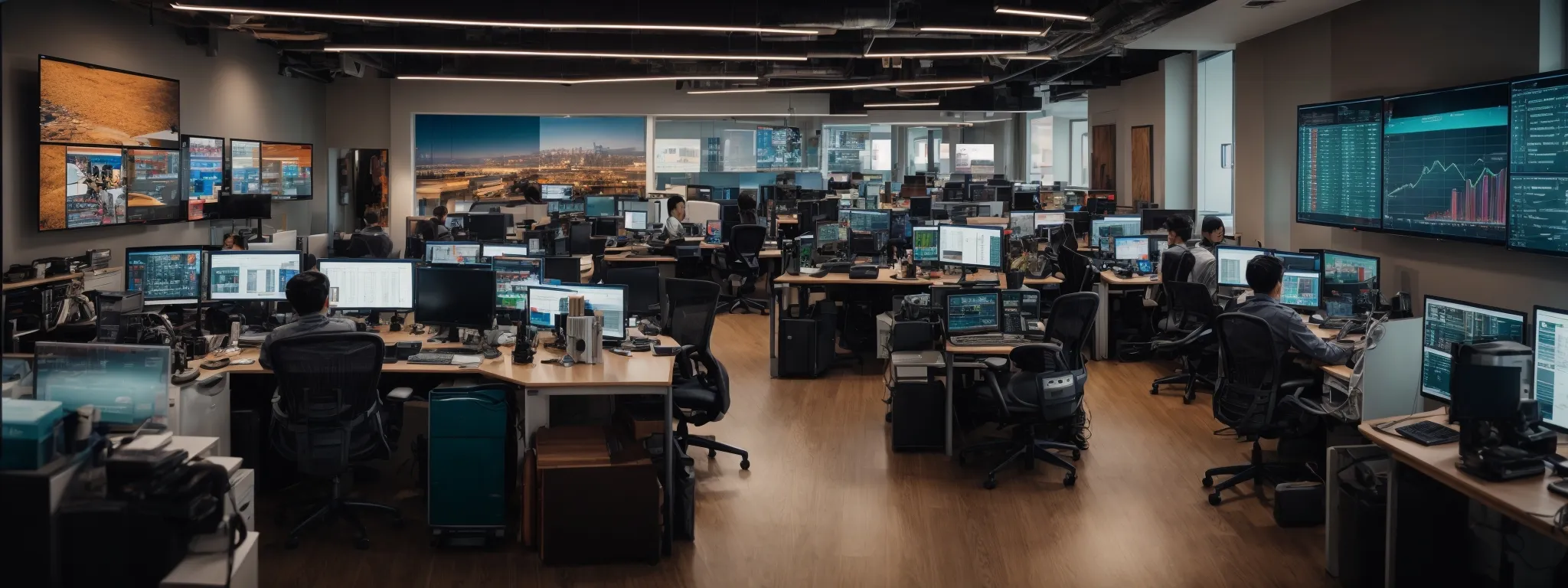 a bustling digital marketing office with large computer monitors displaying colorful analytics dashboards.