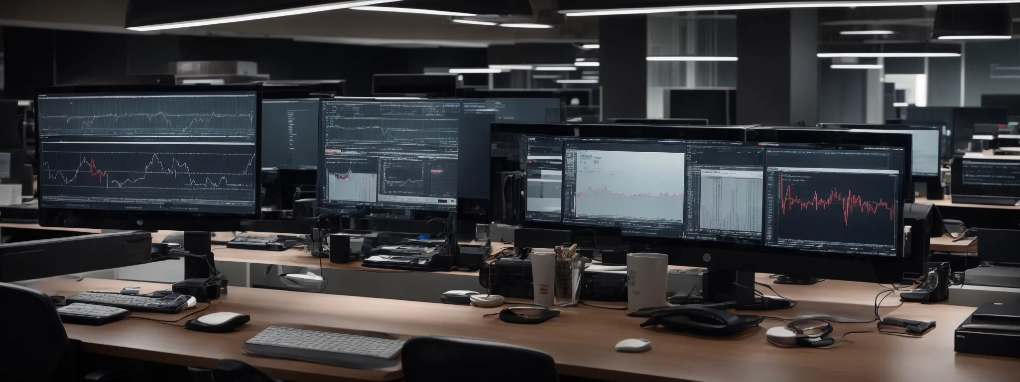 a modern office with multiple computer screens displaying various analytics and content management tools, highlighting a digital workflow focused on content strategy and website optimization.