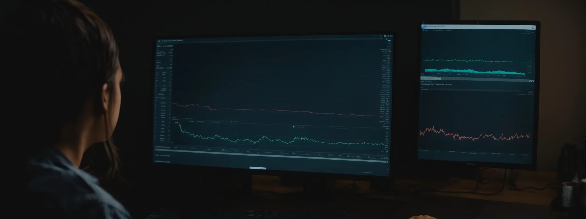 a person sits in front of a computer, monitoring a graph showing an upward trend in sales conversion rates.