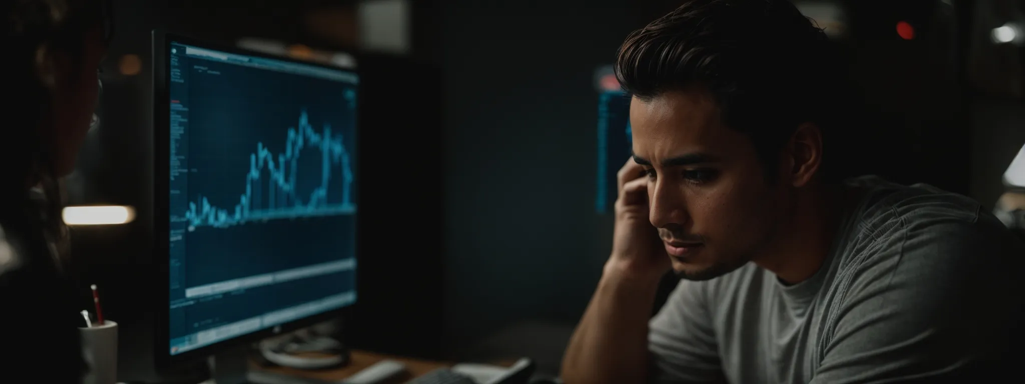 a worried business owner stares at a computer screen showing a declining graph of website traffic.