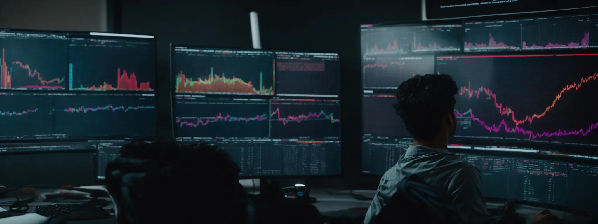 a person sitting in front of dual computer monitors displaying colorful analytics graphs related to seo performance.