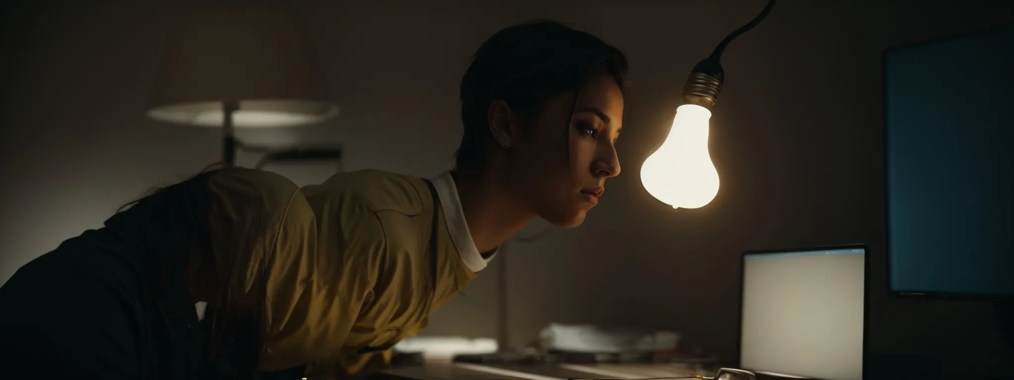 A woman leans closely toward a lit lightbulb on a desk, with a computer monitor and other office items visible in a dimly lit room.
