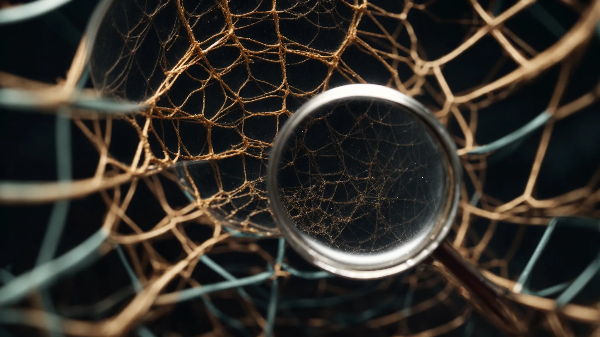a magnifying glass poised over a complex web of interconnected links, with some highlighted and others crossed out.
