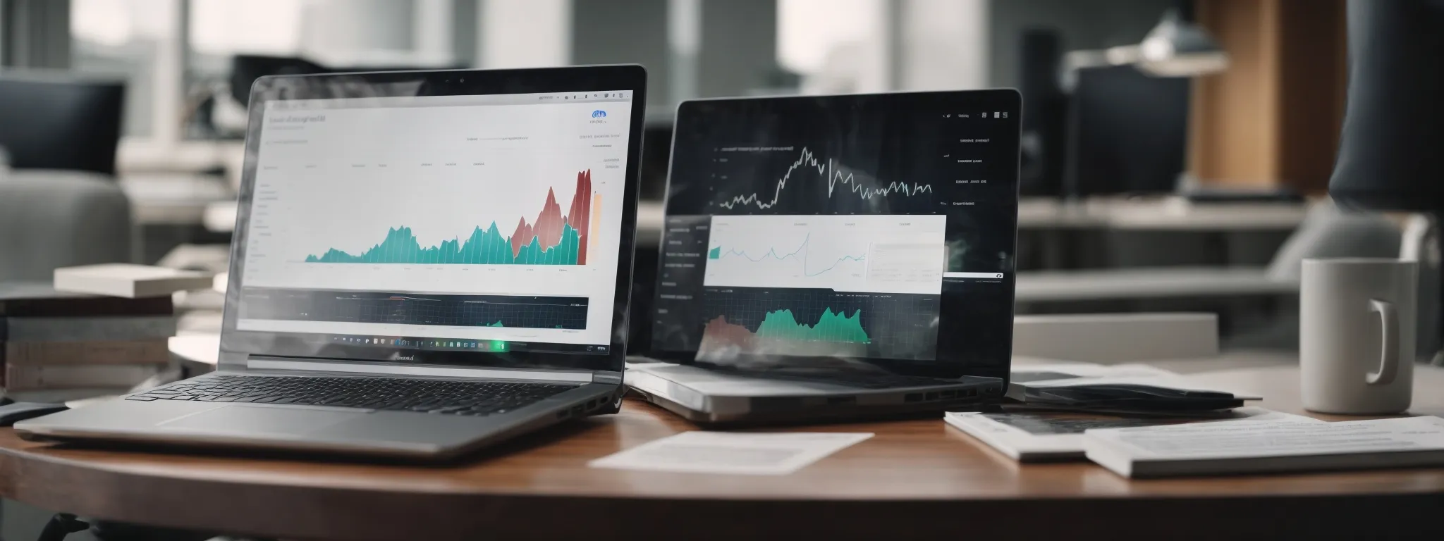 a laptop with analytics graphs on the screen placed on a table in a bright office environment.