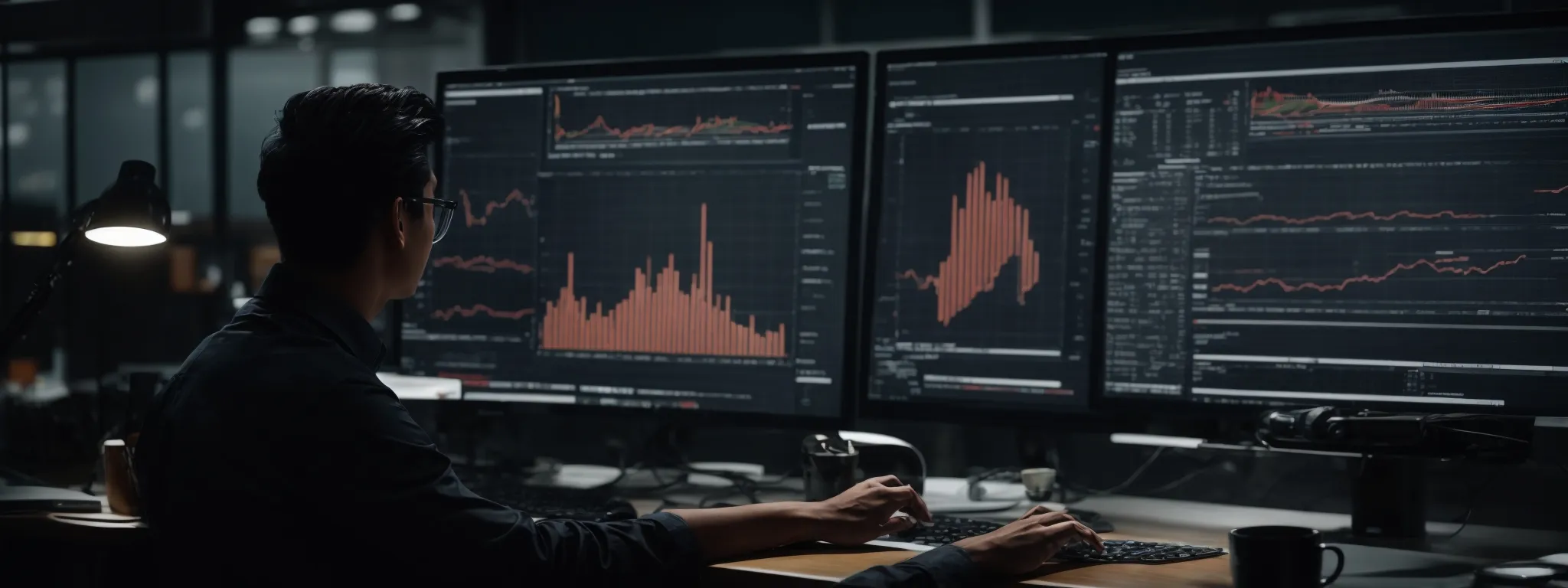 a person sits at a modern workspace, intently analyzing data-rich seo reports on a computer screen, reflecting the strategic enhancement of their website's visibility.