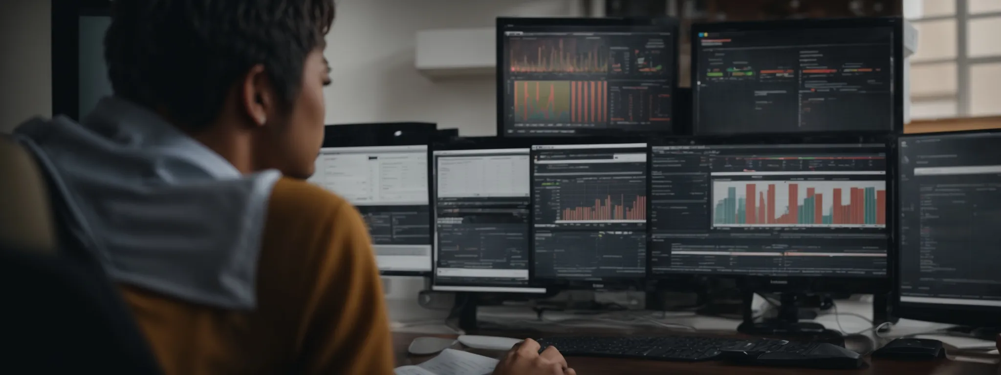 a digital marketer reviews an analytics dashboard on a computer screen, revealing website traffic and keyword rankings.