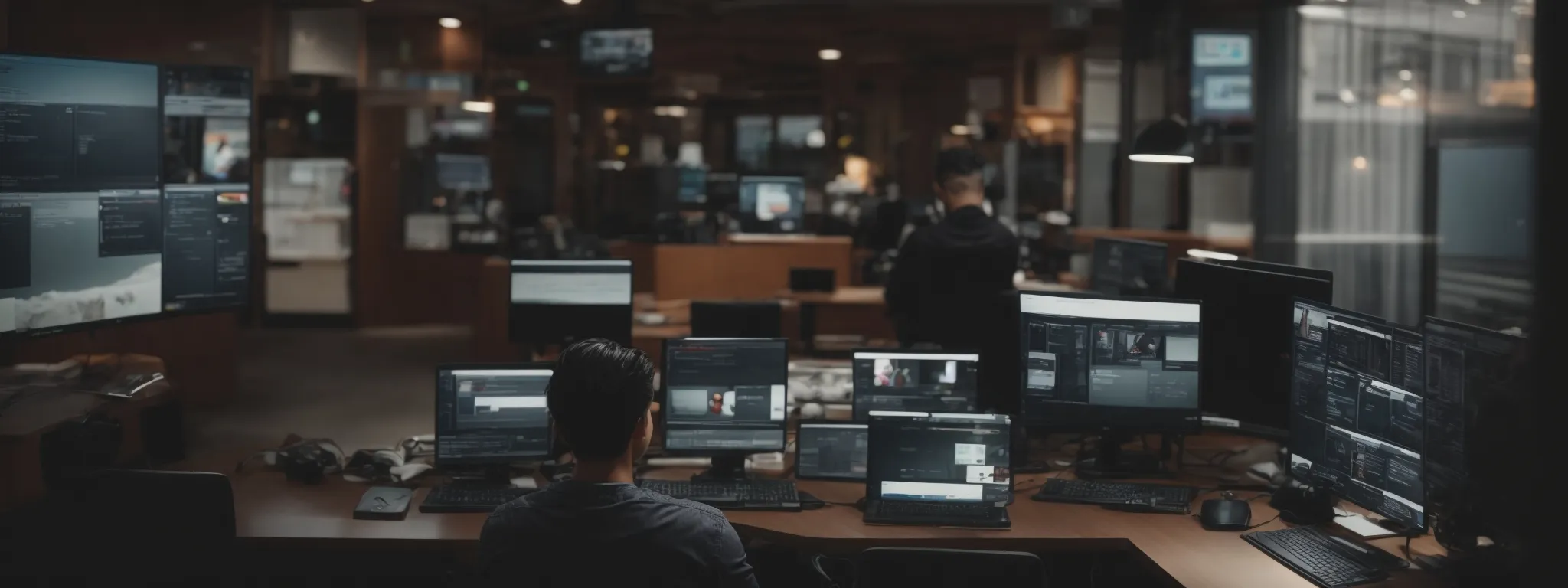 a person sitting at a desk with multiple screens displaying various social media platforms amidst elearning interface elements.