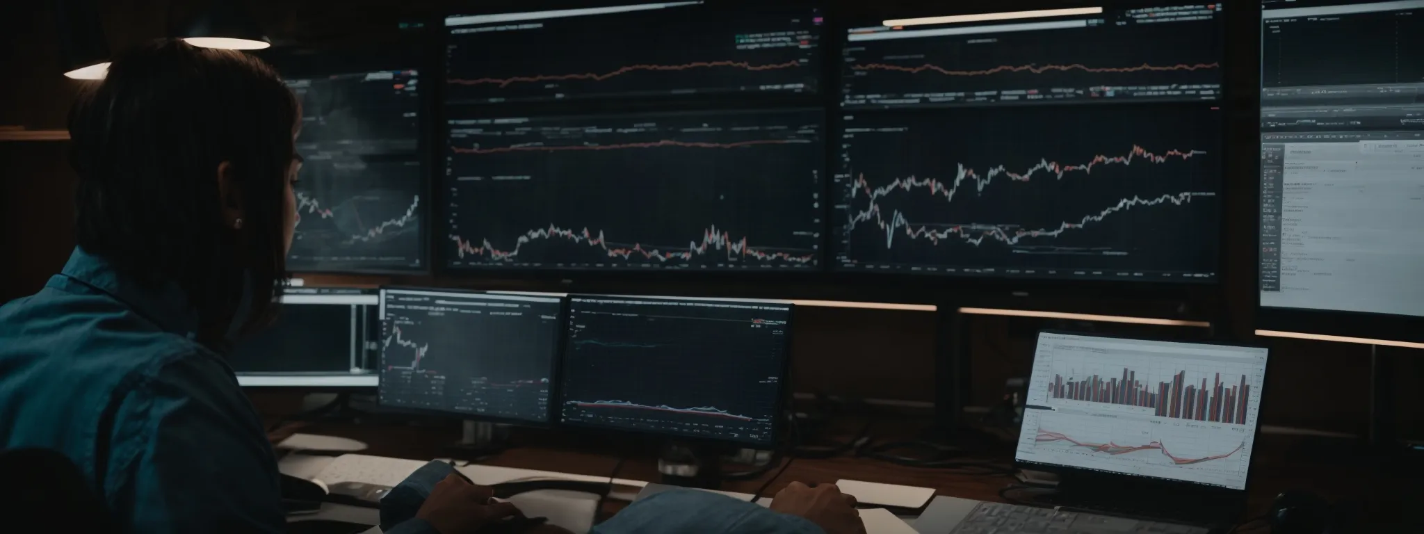 a person sitting at a desk with multiple computer screens showing graphs and analytical data.