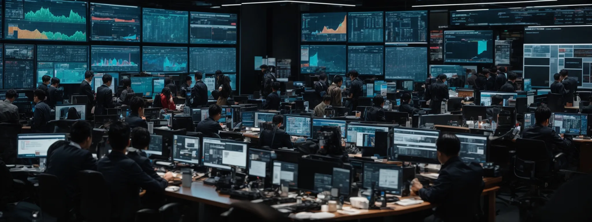 a bustling social media command center with screens displaying various network analytics and engagements.