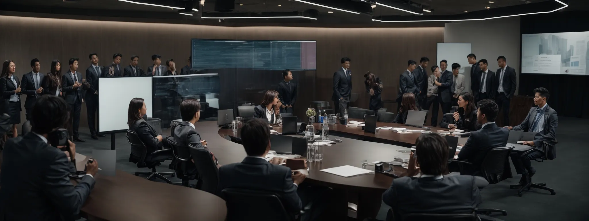 a group of focused professionals sits around a large conference table, engaged in a collaborative discussion with digital analytics displayed on a screen in the background.