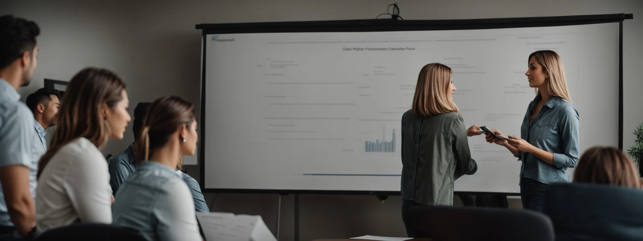 a marketing professional presents a strategic content plan during a collaborative team meeting.