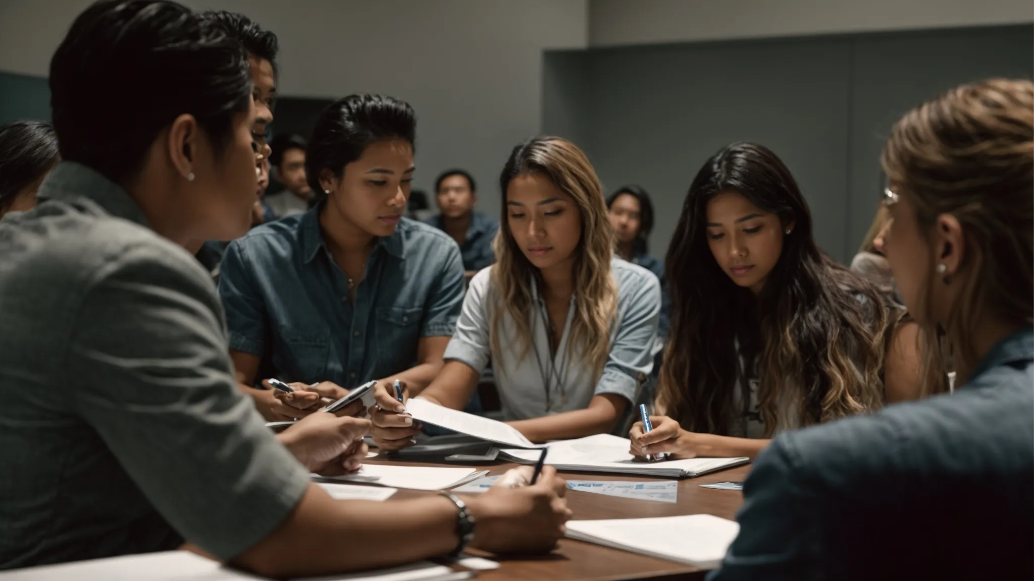 a group of people engaging in a focus group discussion while a moderator takes notes on a clipboard.