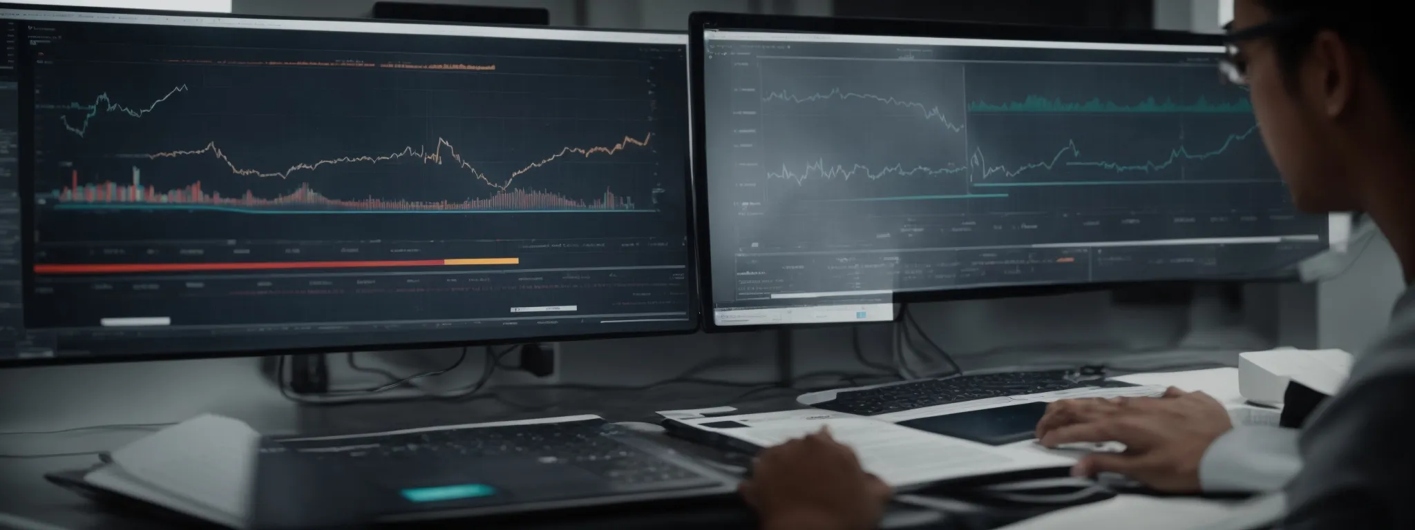 Person analyzing financial data on two large computer monitors displaying stock market charts and graphs, with documents and a laptop on the desk.