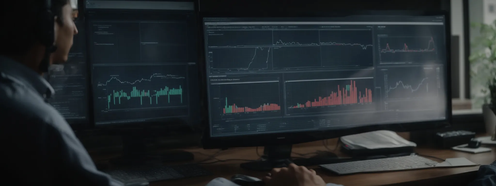 a marketer analyzing graphs and charts on a computer dashboard that reflects website traffic and conversion rates.