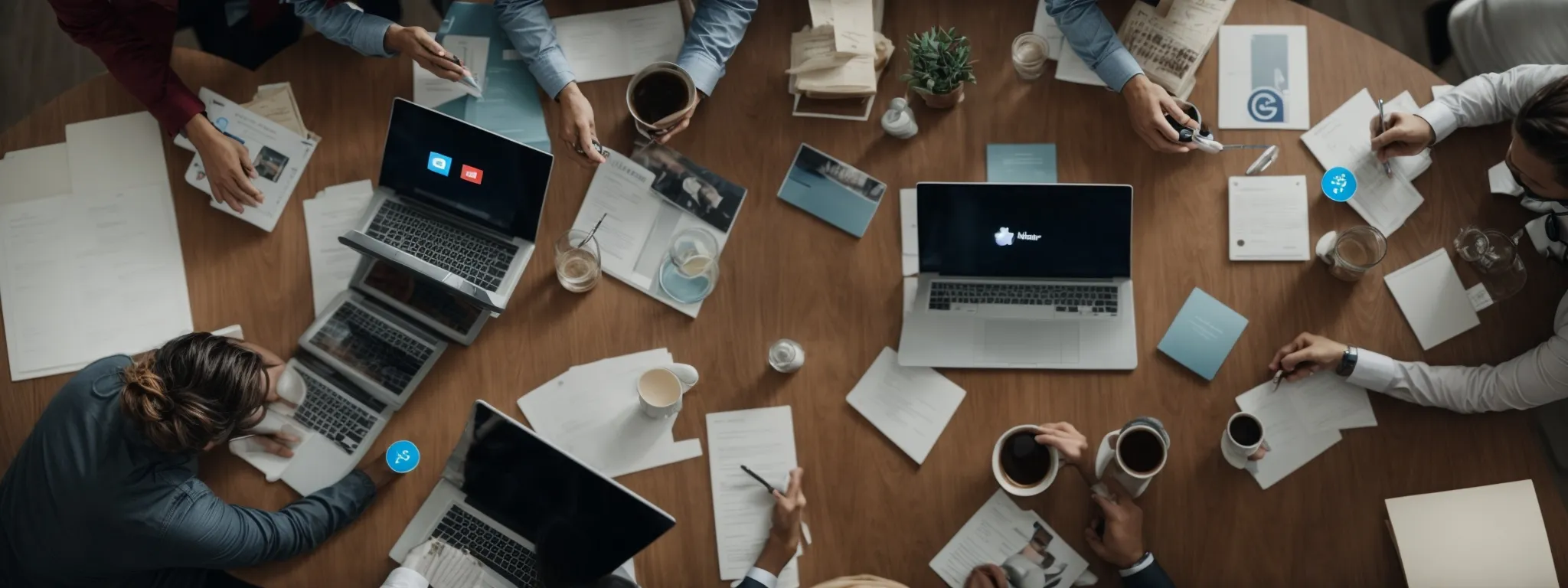 a group of healthcare professionals discussing strategy around a table with various digital devices displaying social media platforms.