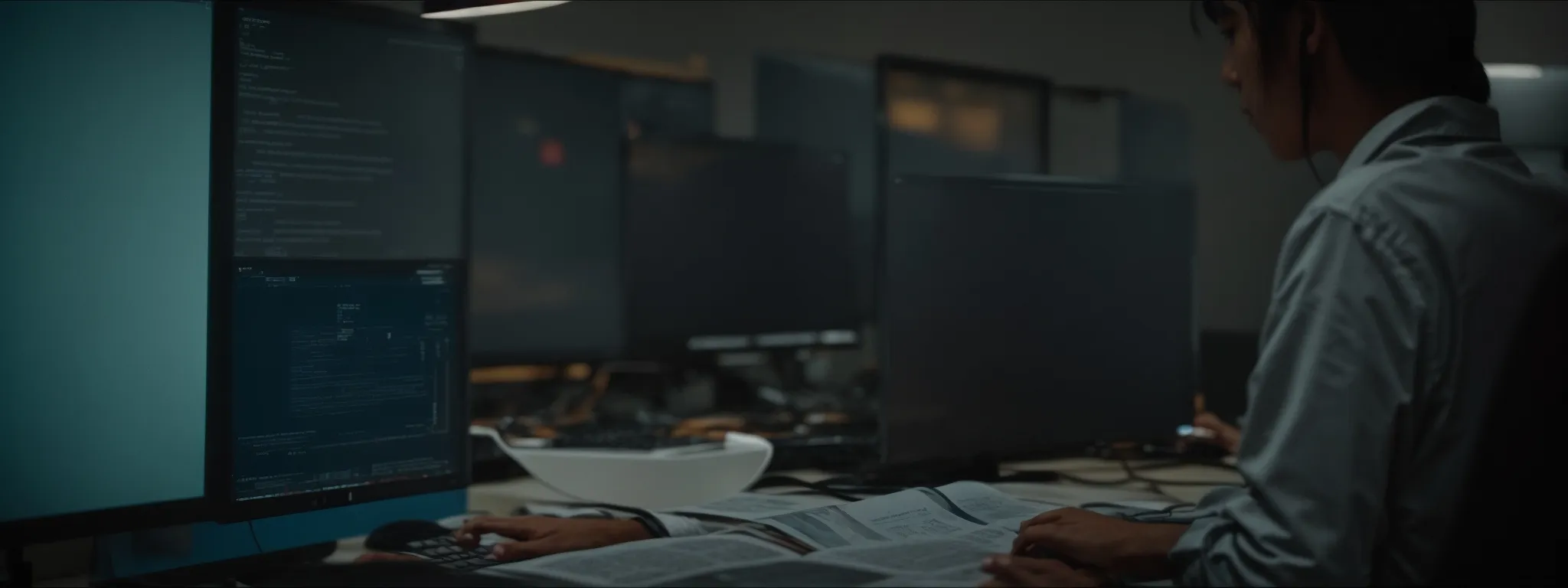 a person sits at a computer, reviewing a website for errors.