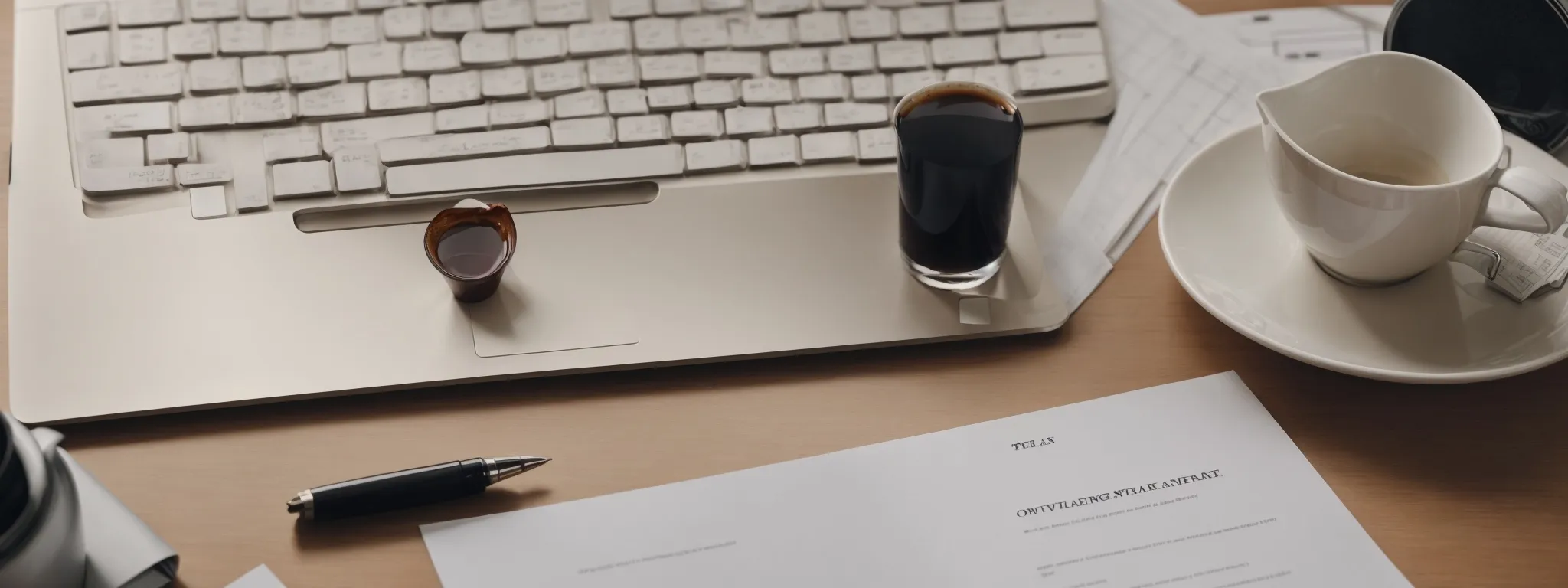 a pristine office desk with an open laptop, a notepad with bullet points, and a coffee cup, signaling a professional planning environment.