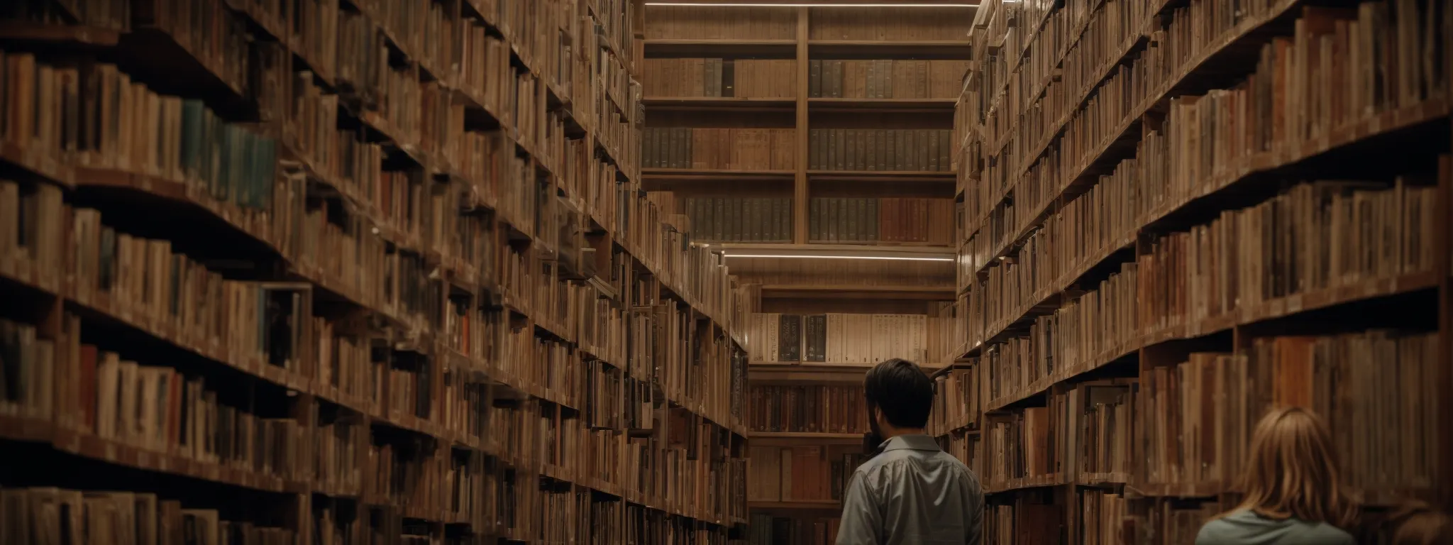 a person perusing an expansive library of books, symbolizing the categorization and organization of knowledge.