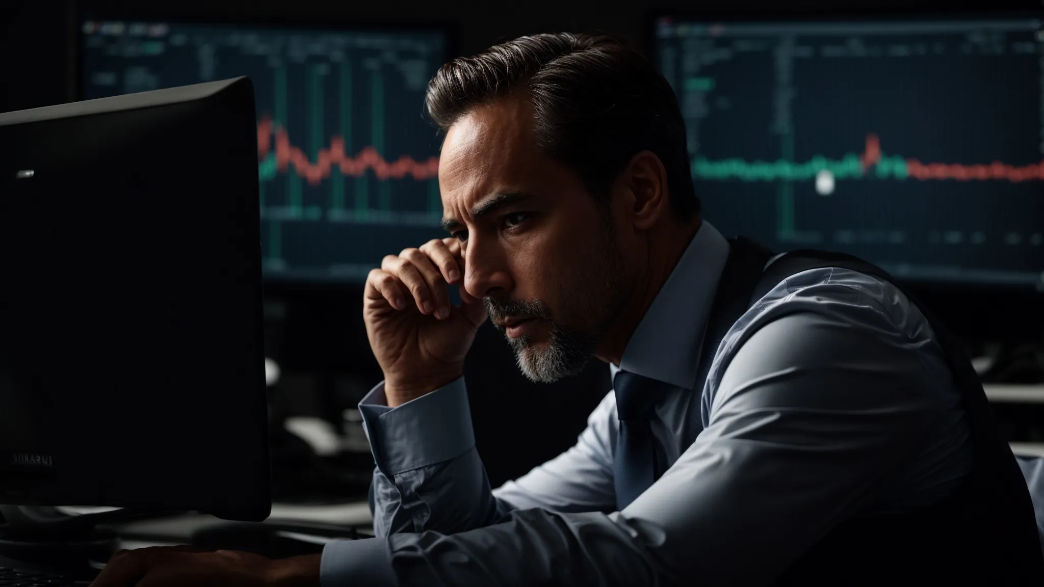 a businessman frowning at a computer screen, which displays a graph with concerning downturns indicating potential website issues.